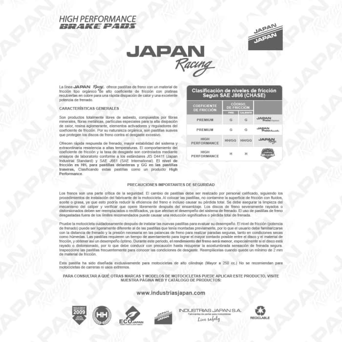 Pastillas de Freno Delanteras Japan Racing SUZUKI V-STROM 250-650/BMW 650GT/HONDA CBR300 4